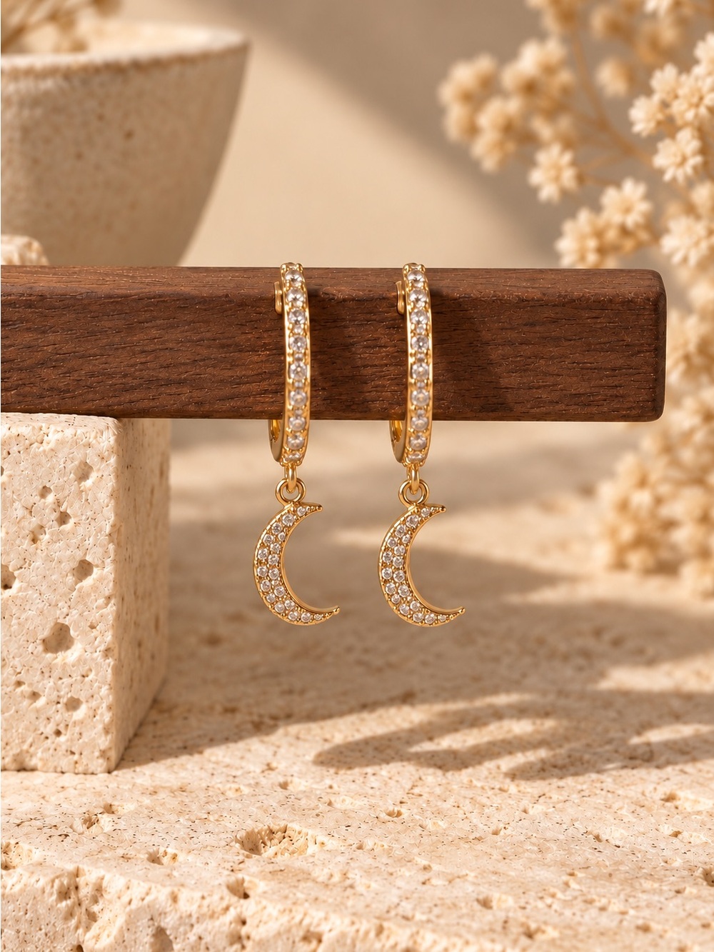 NWOT 14K Gold-Plated Sterling Silver Pavé Crystal Crescent Moon Huggie Earrings